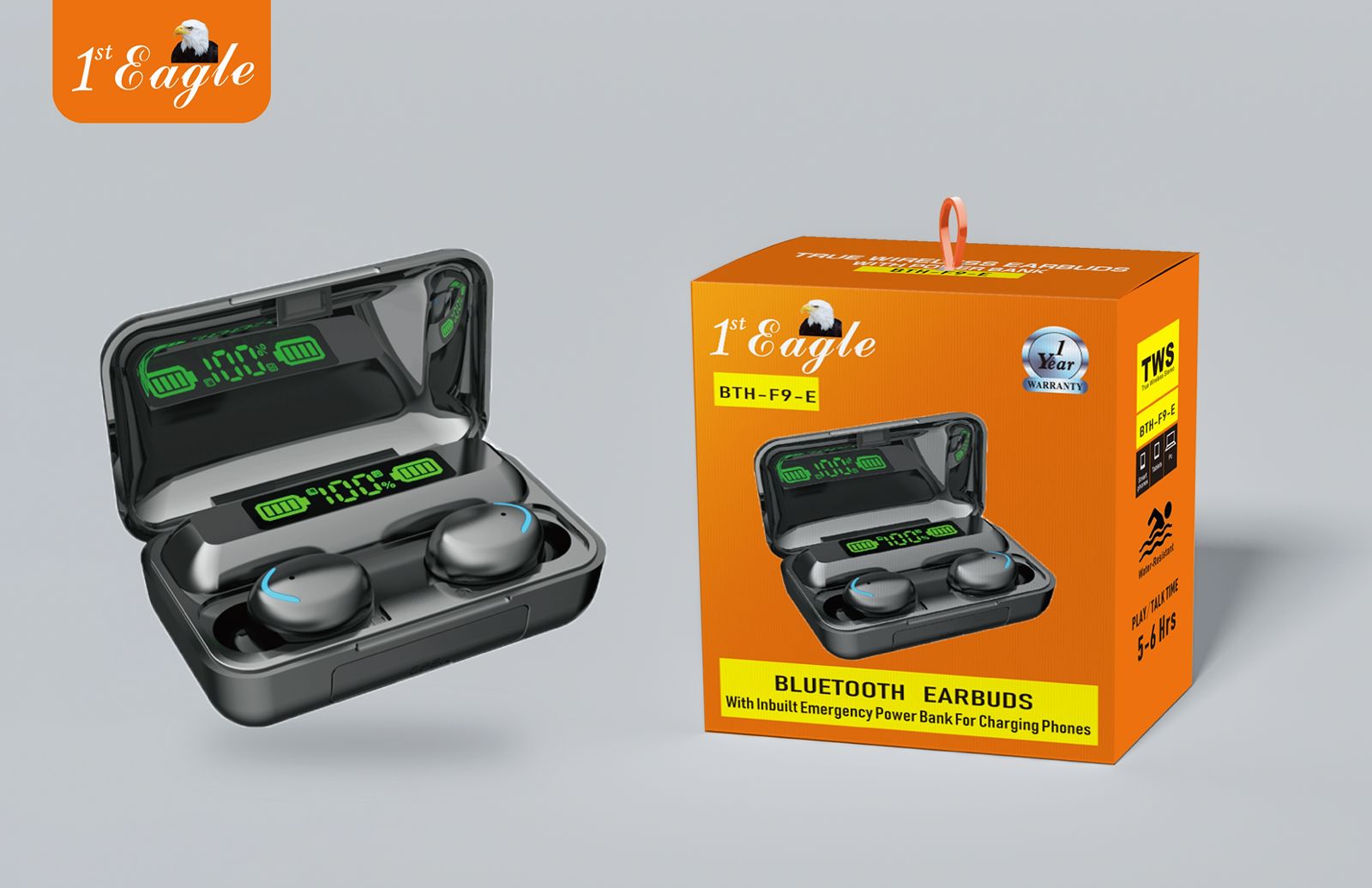 F9E Water Resistant Bluetooth Earbud With Inbuilt Emergency PowerBank For Charging Phones