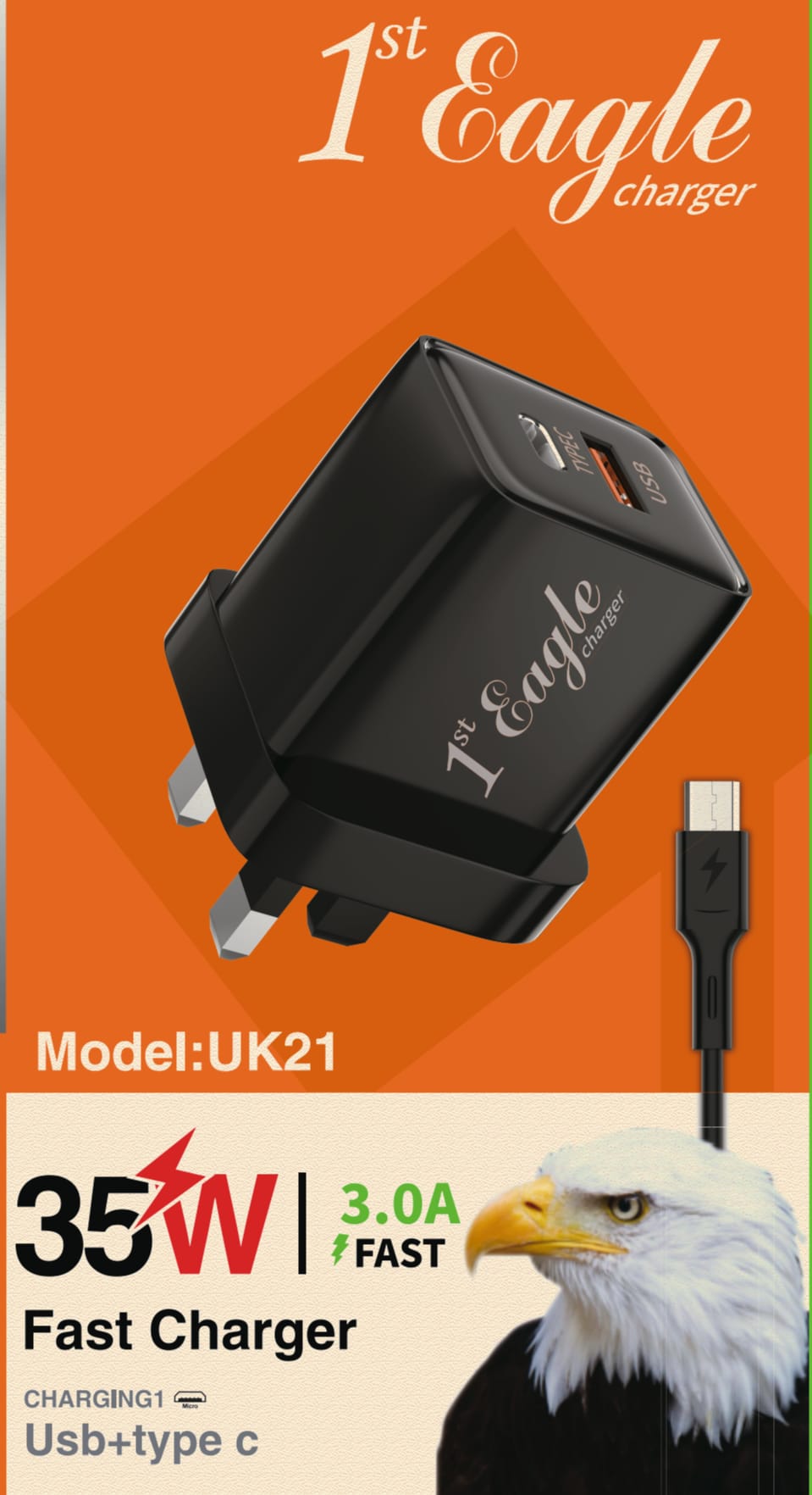 UK21 Super Fast Charger 35W (USB PORT + TYPE C Port) With Type C Cable. PROMO